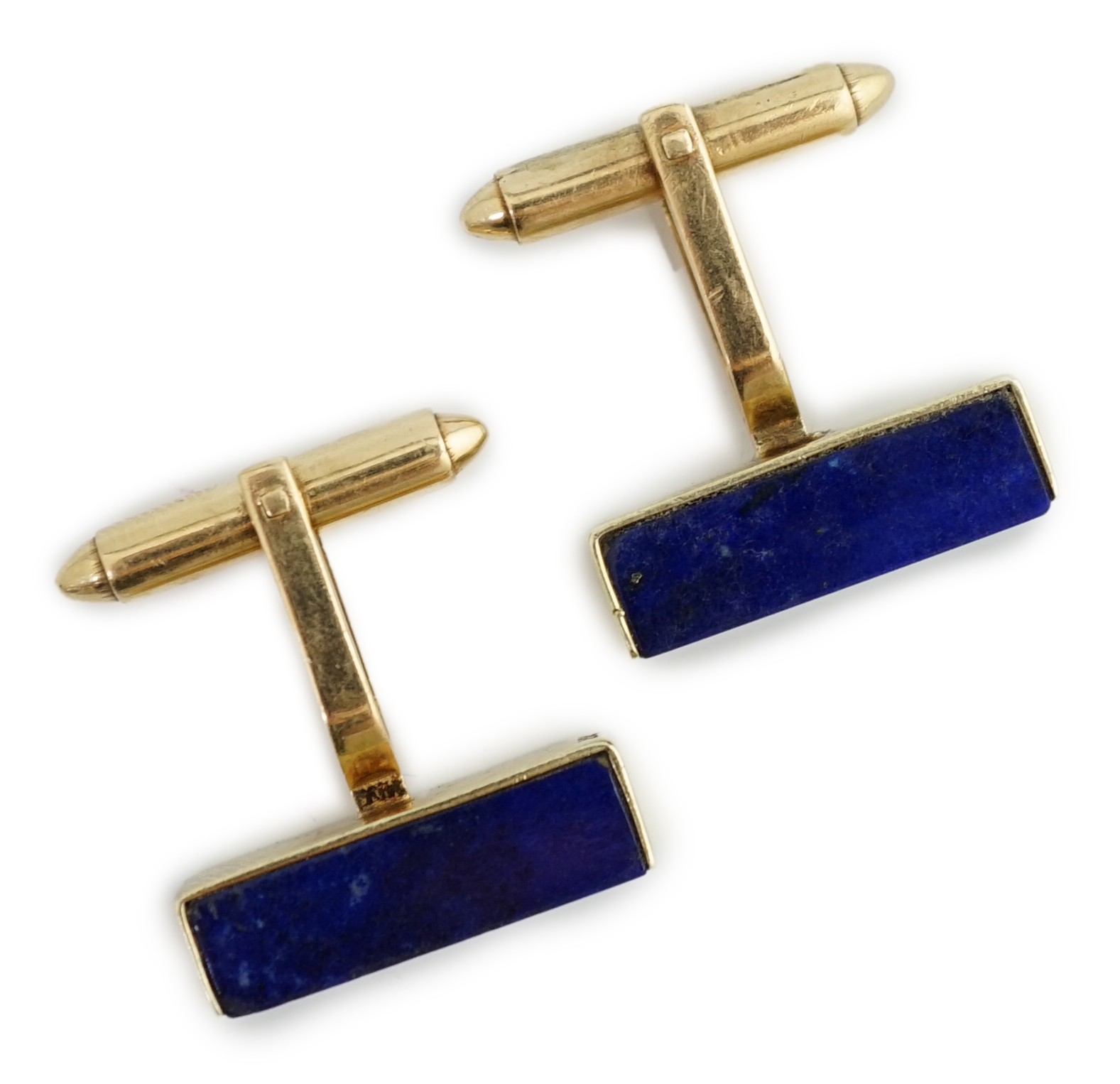 A pair of mid to late 20th century 14k gold and lapis lazuli set cufflinks